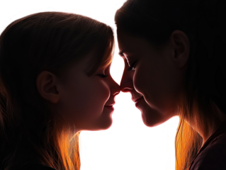 A tender moment between a mother and daughter touching noses, close and loving, white background.   PNG transparent.