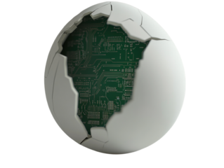 Egg with a crack revealing a green circuit board inside, symbolizing technology and nature, white background.   PNG transparent.