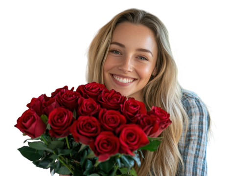 Man kissing a woman on the cheek while she holds a bouquet of red roses, romantic setting.   PNG transparent.