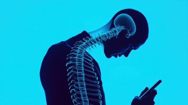 Posture Decay: A silhouette of a person hunched over a mobile phone, with their neck and spine morphing into rigid, jagged lines