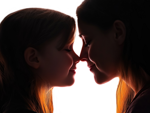 A tender moment between a mother and daughter touching noses, close and loving, white background.   PNG transparent.