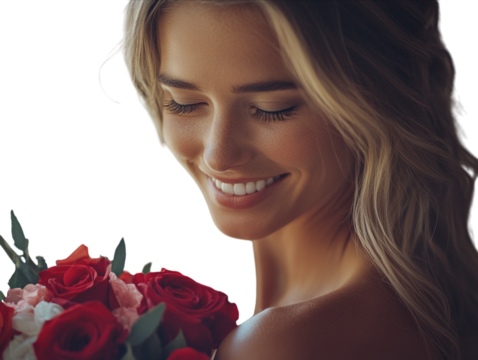 Man kissing a woman on the cheek while she holds a bouquet of red roses, romantic setting.   PNG transparent.