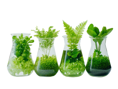 Various green plants placed in glass laboratory flasks filled with water, white background.   PNG transparent.
