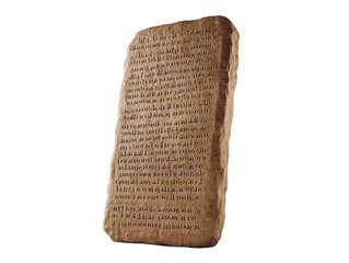 Stone tablets with Hebrew inscriptions representing the Ten Commandments, white background.   PNG transparent.