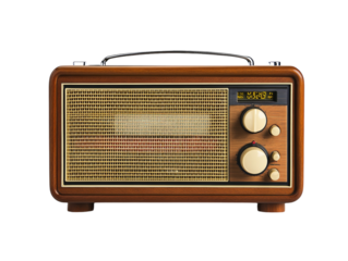 Vintage radio with a reflective surface, classic design on a white background.   PNG transparent.