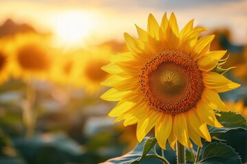 A close-up of a sunflower field at sunse