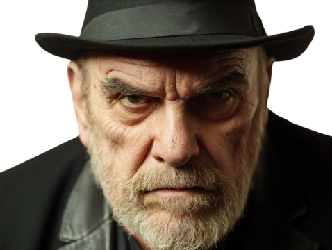 Man wearing a black hat and traditional sidelocks, with a quirky facial expression, white background.   PNG transparent.