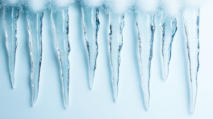 Fototapeta premium Row of clear icicles hanging against a light blue background with visible frost and snow at the top edge.