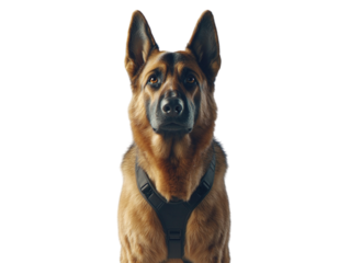 German shepherd dog wearing a harness, standing alert on a light background.   PNG transparent.
