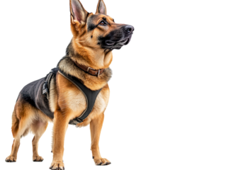 German shepherd dog wearing a harness, standing alert on a light background.   PNG transparent.
