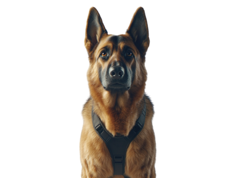 German shepherd dog wearing a harness, standing alert on a light background.   PNG transparent.
