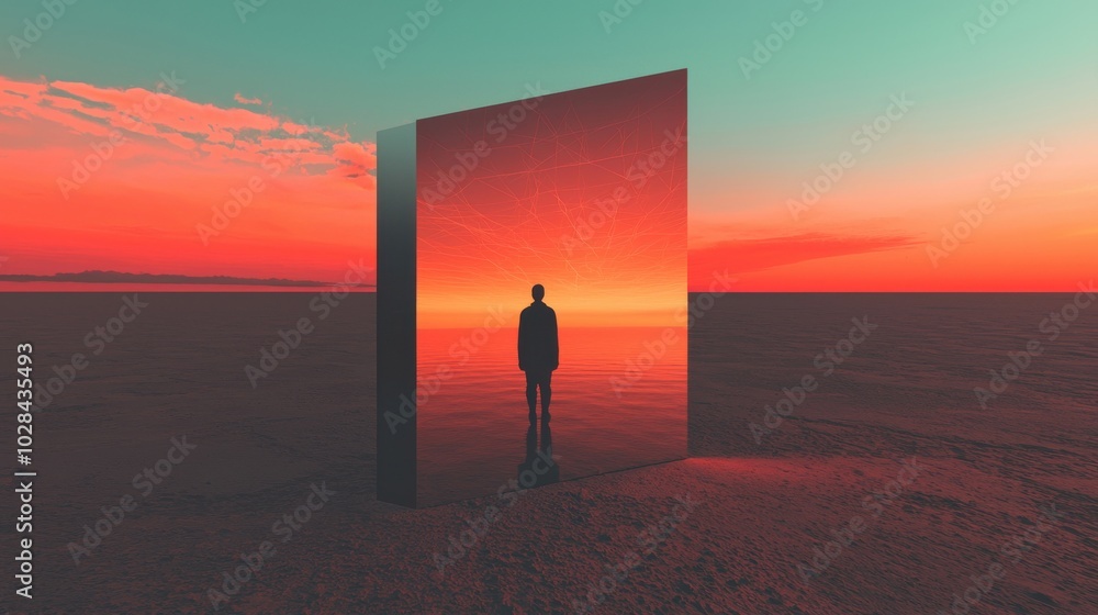 Poster reflection of destiny: a person standing in front of a large mirror, but instead of seeing their ref