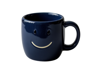 Blue mug with a smiling face design on a white background.   PNG transparent.