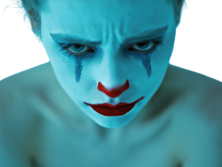 Sad clown with white face paint and red nose PNG transparent.