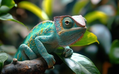 Obraz premium Ultra-Realistic Close-Up of a Green Chameleon on a Tree Branch with Leaves in a Forest Background