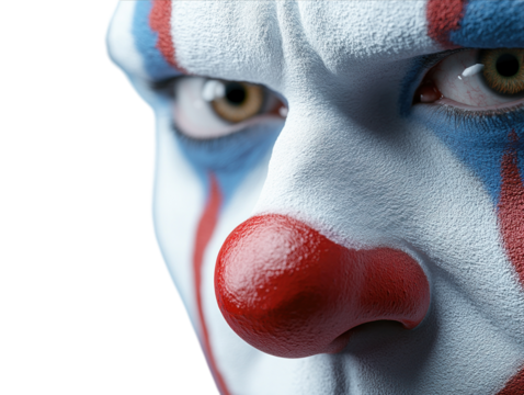 Sad clown with white face paint and red nose PNG transparent. - Powered by Adobe