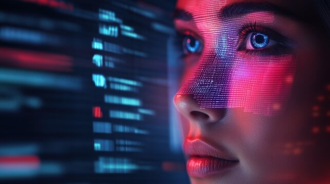 Biometric Scan. Businesswoman Using Facial Scanner and Digital Hologram for Data Analysis