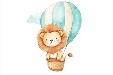 Cute watercolor cartoon lion flying on a hot air balloon, clipart illustration with isolated white background. 