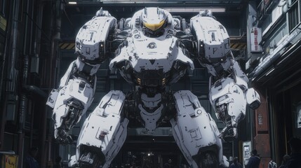 Fototapeta premium A White Mech Stands in a Futuristic Urban Alleyway