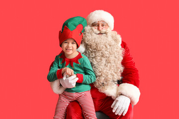 Santa Claus and cute little elf on red background