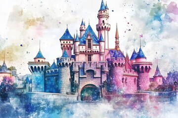 Delightful watercolor castle brings magic to life. Perfect wall decor for a childs room, evoking fairytale dreams. 
