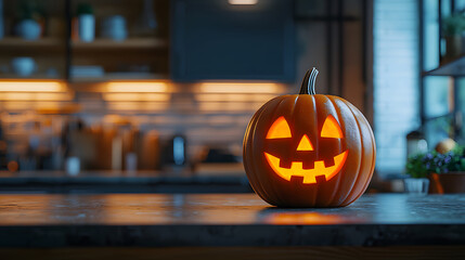 Carved Halloween pumpkin glowing on kitchen counter in evening light. Generative by AI