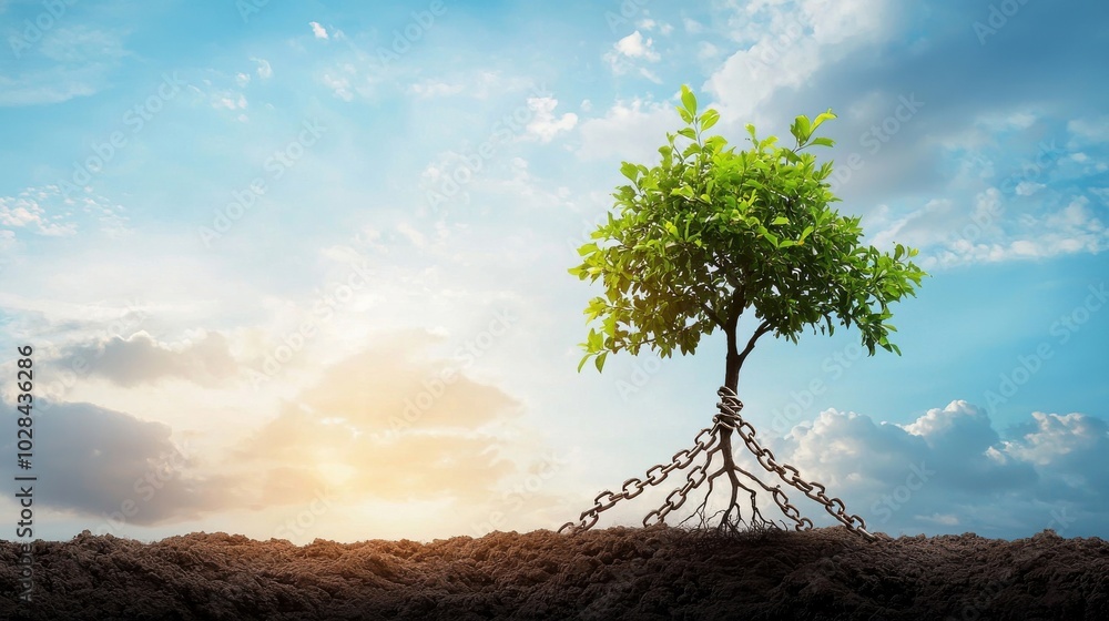Poster roots bound in chains: a tree with roots that are tied in heavy chains, unable to grow or reach deep