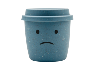 Blue coffee cup with a sad face on white background PNG transparent.