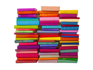 Stacks of colorful books on white background PNG transparent.