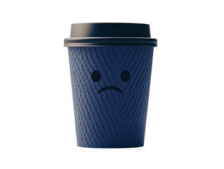Blue coffee cup with a sad face on white background PNG transparent.