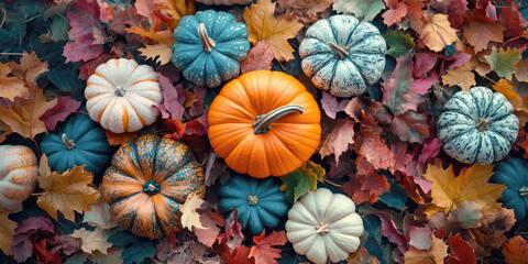 Naklejka premium A variety of colorful pumpkins in shades of orange, blue, and white arranged over vibrant autumn leaves, creating a festive fall scene with rich colors and textures.