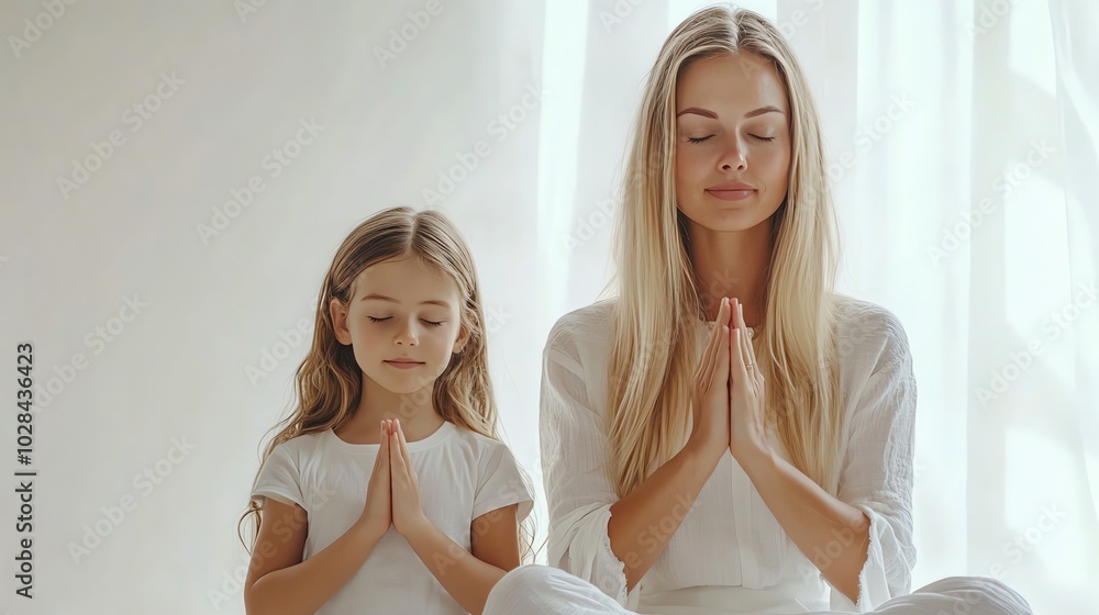 Wall mural a mother and daughter are meditating together.