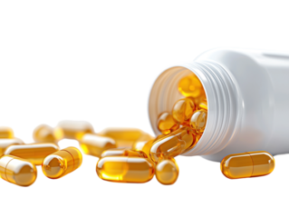 White bottle with yellow capsules on white background PNG transparent.