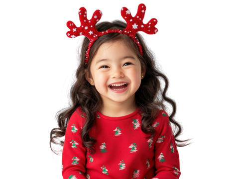 Laughing girl with reindeer antlers headband on white background PNG transparent.