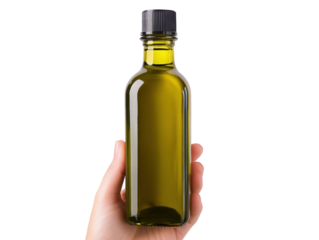 Green glass bottle of olive oil held in a hand, decorated with olives and leaves, on a white background. PNG transparent.