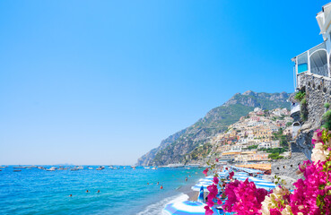 Sea and beach of Positano - famous old italian resort, Italy , retro toned