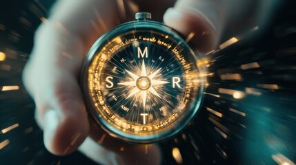 SMART Goal Compass: A person holding a glowing compass with the letters "S," "M," "A," "R," and "T" instead of cardinal directions