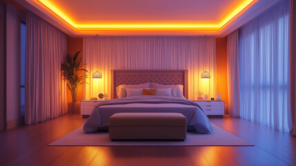 Cozy Bedroom with Glowing Lamps at Night