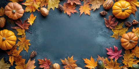 A fall-themed frame with pumpkins, pinecones, and autumn leaves arranged against a dark, textured background, ideal for seasonal and Halloween designs.
