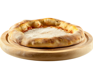 Raw pizza base, perfectly round and ready for toppings, emphasizing its texture, on a white background. PNG transparent.