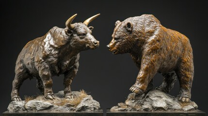 Obraz premium Bronze Bull and Bear Sculptures on Stone Bases