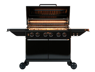 Gas grill with an open lid and multiple knobs, designed for outdoor cooking, on a white background. PNG transparent.
