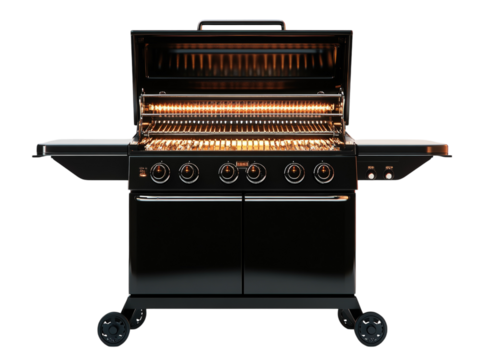 Gas grill with an open lid and multiple knobs, designed for outdoor cooking, on a white background. PNG transparent.