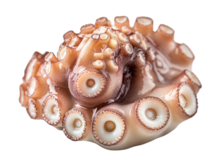 Cooked octopus tentacles with visible suckers, showing texture and detail, on a white background. PNG transparent.