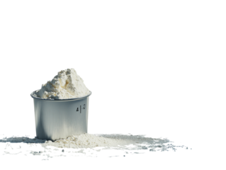 Metal measuring cup filled with white flour, isolated on a white background. PNG transparent.