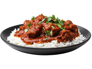 Fototapeta premium Plate of white rice topped with minced meat and sauce, garnished with herbs, on a white background. PNG transparent.