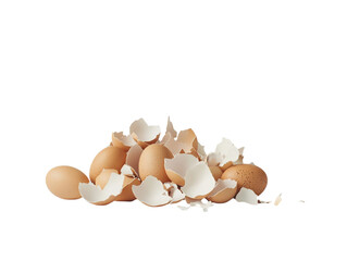 Pile of broken egg shells on a white background, food waste concept. PNG transparent.