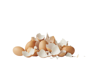Pile of broken egg shells on a white background, food waste concept. PNG transparent.
