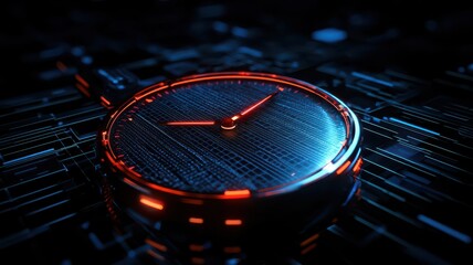 Futuristic clock face featuring sharp glowing lines, merging technology with time in a captivating design.