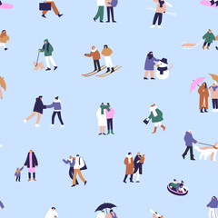Repeatable pattern of people have fun outdoors in winter. Endless background with happy friends, couples ski, walk dogs, skating in Christmas holidays, vacations. Flat seamless vector illustration